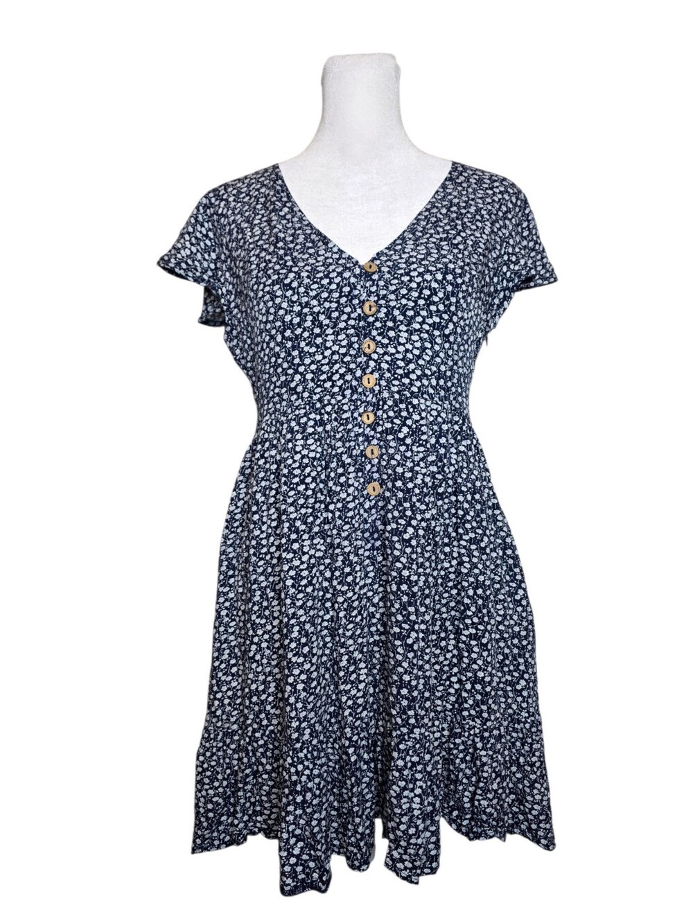 Hello Molly Women's Blue/White Floral V-Neck Button Front Flutter Mini Dress Med